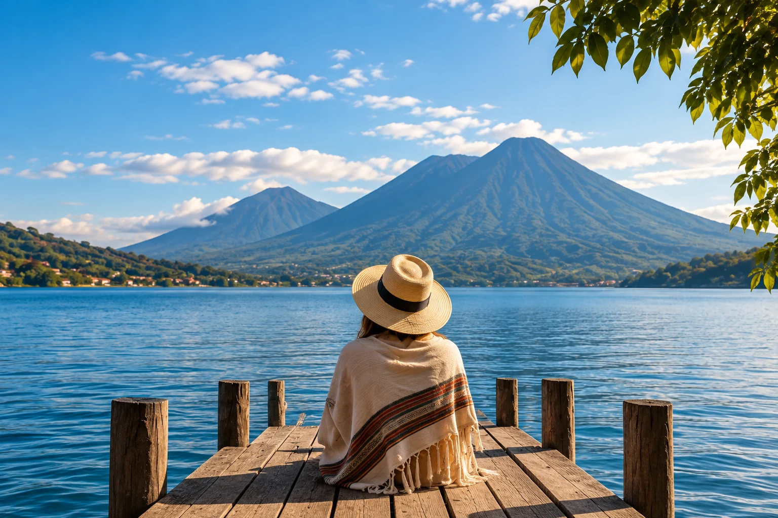 Traveler overlooking Lake Atitlán and its volcanoes from a wooden pier