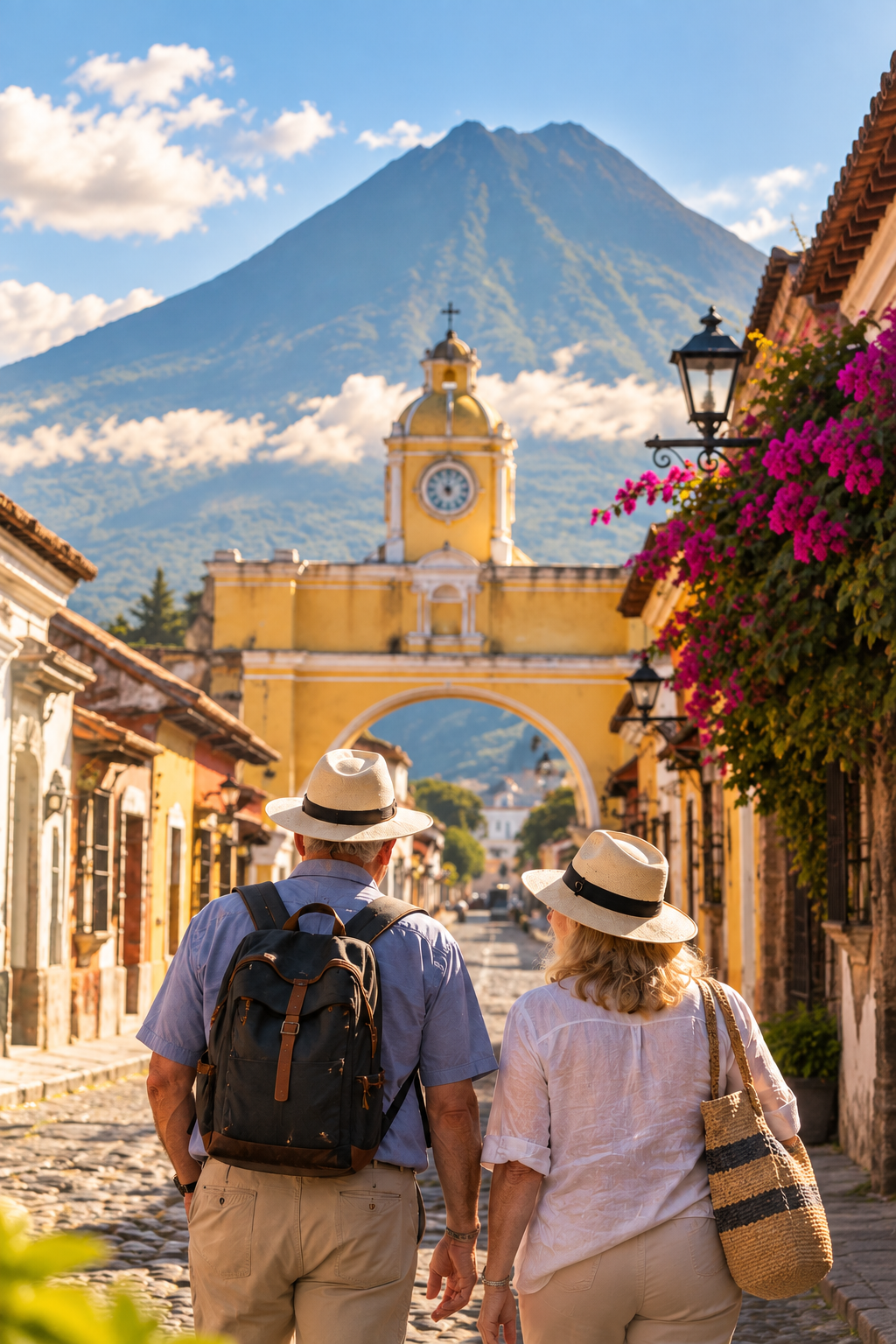 Couple of travelers walking through Antigua, Guatemala