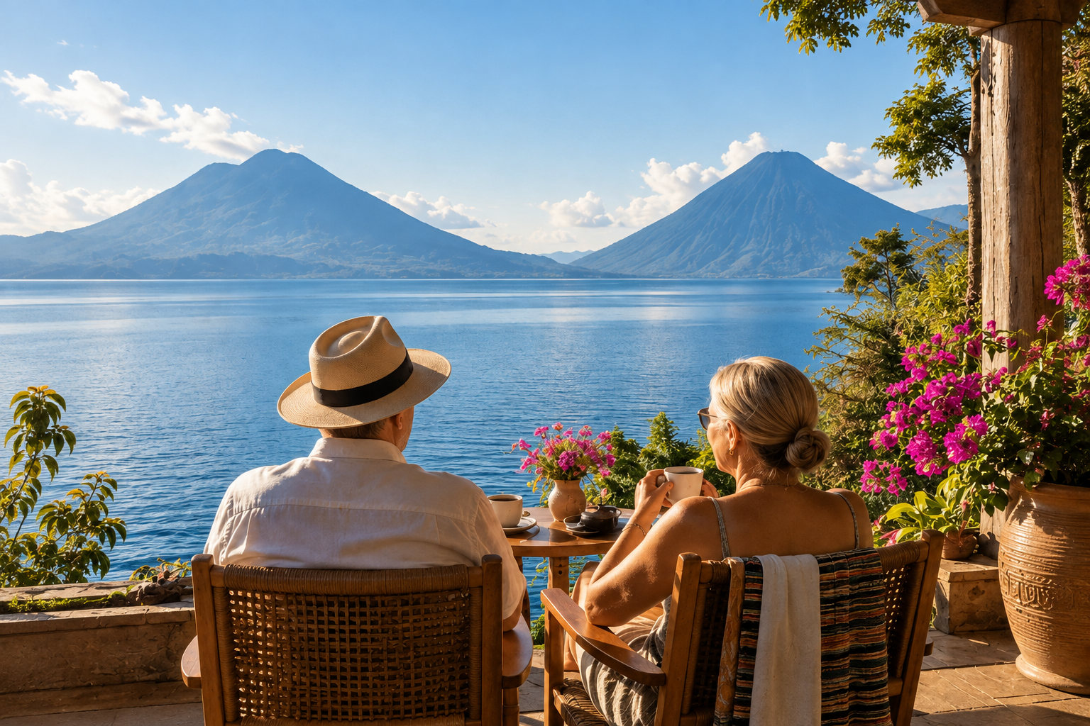 Travelers overlooking Lake Atitlán and its volcanoes