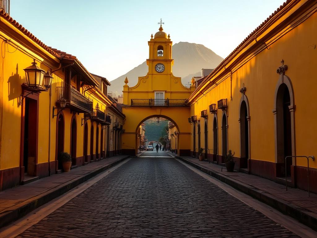 Cobblestone street in Antigua Guatemala with colonial architecture and a volcano in the background
