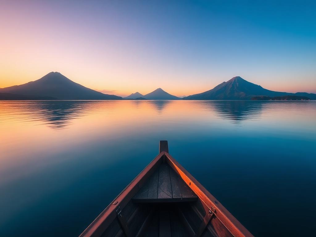 Lake Atitlán in Guatemala with volcanoes rising behind the shoreline villages