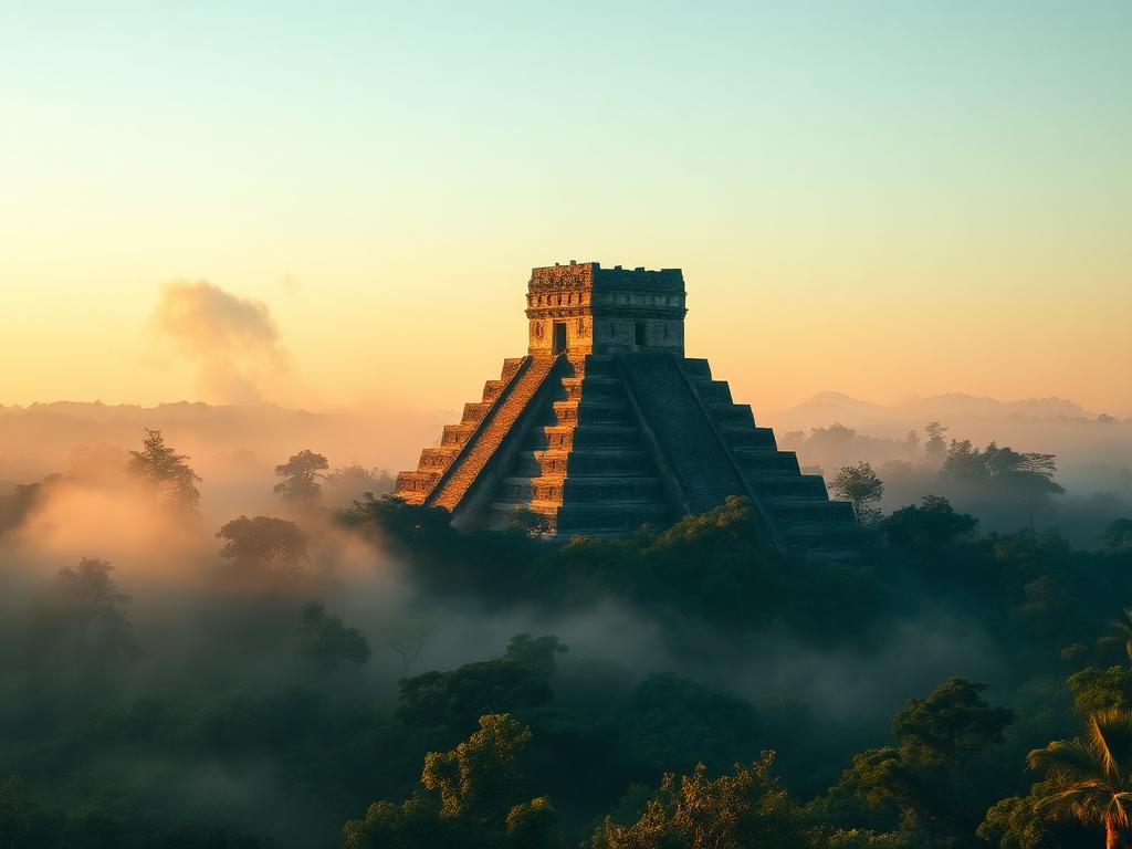 Maya temple pyramid at Tikal National Park rising above the rainforest canopy in Petén, Guatemala